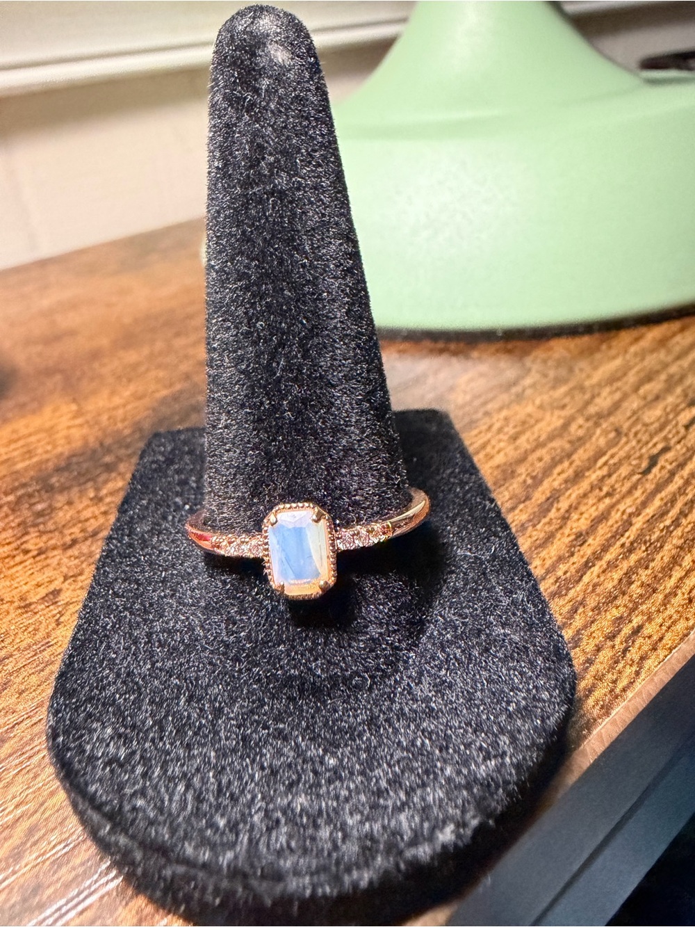 Rose Gold Ring with Blue Opalescent Rectangular Stone